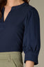Navy Three Quarter Puff Drop Shoulder Sleeve Mandarin Collar Split V-Placket Mixed Media Plus Size Knit Top