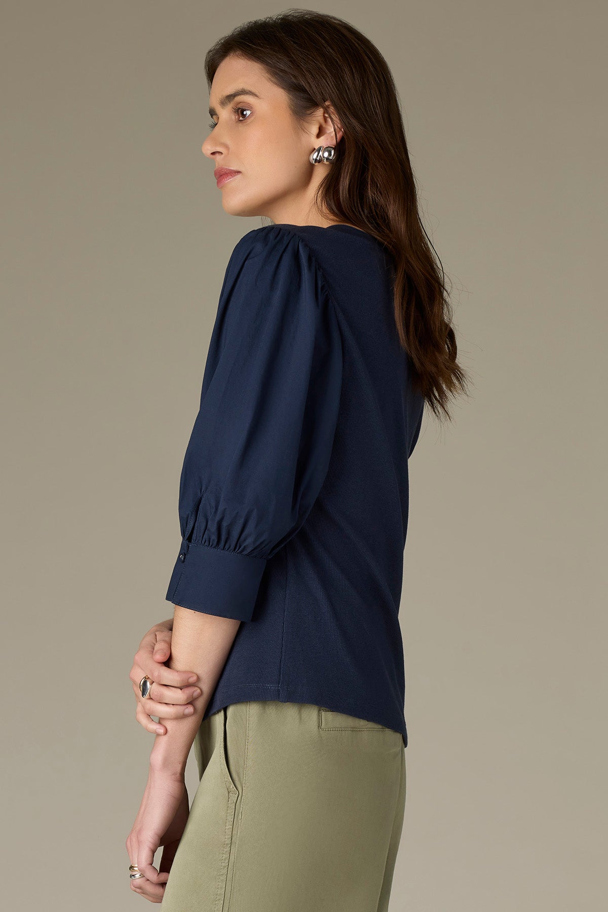 Three Quarter Puff Sleeve Half V-Placket Mixed Media Knit Top