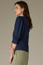Navy Three Quarter Puff Drop Shoulder Sleeve Mandarin Collar Split V-Placket Mixed Media Plus Size Knit Top
