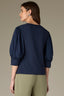 Navy Three Quarter Puff Drop Shoulder Sleeve Mandarin Collar Split V-Placket Mixed Media Plus Size Knit Top