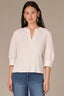 Off White Three Quarter Puff Drop Shoulder Sleeve Mandarin Collar Split V-Placket Mixed Media Knit Top