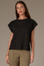 Black Extended Shoulder Roll Cuff Cap Sleeve Die Cut Embroidery Scoop Neck Knit Top