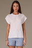 Off White Extended Shoulder Roll Cuff Cap Sleeve Die Cut Embroidery Scoop Neck Knit Top