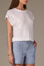 Off White Extended Shoulder Roll Cuff Cap Sleeve Die Cut Embroidery Scoop Neck Knit Top