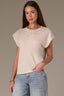 Stone Extended Shoulder Roll Cuff Cap Sleeve Die Cut Embroidery Scoop Neck Knit Top