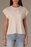 Stone Extended Shoulder Roll Cuff Cap Sleeve Die Cut Embroidery Scoop Neck Knit Top