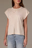 Stone Extended Shoulder Roll Cuff Cap Sleeve Die Cut Embroidery Scoop Neck Knit Top