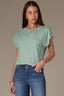 Vintage Jade Extended Shoulder Roll Cuff Cap Sleeve Die Cut Embroidery Scoop Neck Knit Top