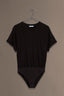 Black Short Roll Cuff Sleeve Crew Neck Blouson Hem Snap Closure Knit Tee Bodysuit Top