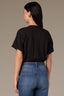 Black Short Roll Cuff Sleeve Crew Neck Blouson Hem Snap Closure Knit Tee Bodysuit Top