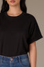 Black Short Roll Cuff Sleeve Crew Neck Blouson Hem Snap Closure Knit Tee Bodysuit Top