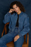 Mid Blue Denim Long Drop Shoulder Sleeve Zip Front Collar Neck Angled Seam Drop-In Pocket Cinched Hem Bomber Jacket