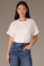 Off White Short Roll Cuff Sleeve Crew Neck Blouson Hem Snap Closure Knit Tee Bodysuit Top