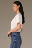 Off White Short Roll Cuff Sleeve Crew Neck Blouson Hem Snap Closure Knit Tee Bodysuit Top