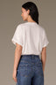 Off White Short Roll Cuff Sleeve Crew Neck Blouson Hem Snap Closure Knit Tee Bodysuit Top