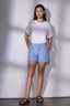 Horizon Blue High Rise Double Pocket Fray Hem Dart Seam Contour Shape Technology Short