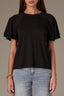 Black Short Double Flutter Raglan Sleeve Ladder Trim Scoop Neck Back Center Seam Knit Top