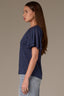 Navy Short Double Flutter Raglan Sleeve Ladder Trim Scoop Neck Back Center Seam Knit Top