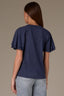 Navy Short Double Flutter Raglan Sleeve Ladder Trim Scoop Neck Back Center Seam Knit Top