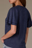 Navy Short Double Flutter Raglan Sleeve Ladder Trim Scoop Neck Back Center Seam Knit Top