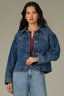 Mid Blue Artisanal Denim Long Drop Shoulder Sleeve Collar Neck Button Front Curved Yoke Front Pockets Seaming Jacket