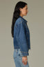 Mid Blue Artisanal Denim Long Drop Shoulder Sleeve Collar Neck Button Front Curved Yoke Front Pockets Seaming Jacket