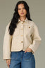Heathered Birch Denim Long Slit Sleeve Collar Neck Button Down Front Curved Yoke Contrast Seam Back Center Seam Side Entry Pockets Buttoned Curved Hem Petite Denim Jacket
