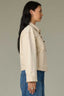 Heathered Birch Denim Long Slit Sleeve Collar Neck Button Down Front Curved Yoke Contrast Seam Back Center Seam Side Entry Pockets Buttoned Curved Hem Denim Jacket