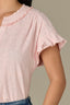 Angel Pink Flutter Cap Sleeve Ruffle Stand Collar Split V-Placket Embroidered Hi-Low Slit Hem Woven Top