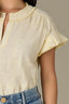 Light Lemon Lush Flutter Cap Sleeve Ruffle Stand Collar Split V-Placket Embroidered Hi-Low Slit Hem Woven Top