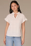 Off White Cap Flutter Sleeve Embroidered Metallic Ruffle Stand Collar Split Neck Woven Top