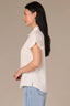 Off White Cap Flutter Sleeve Embroidered Metallic Ruffle Stand Collar Split Neck Woven Top