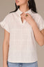 Off White Cap Flutter Sleeve Embroidered Metallic Ruffle Stand Collar Split Neck Petite Woven Top