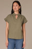 Oregano Cap Flutter Sleeve Embroidered Metallic Ruffle Stand Collar Split Neck Woven Top