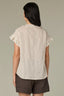 Ecru Brown Flutter Cap Sleeve Ruffle Stand Collar Split V-Neck Embroidered Polka Dot Print Petite Woven Top