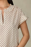 Ecru Brown Flutter Cap Sleeve Ruffle Stand Collar Split V-Neck Embroidered Polka Dot Print Petite Woven Top