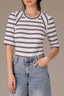 Off White Navy Elbow Puff Sleeve V-Neck Seaming Shirttail Hem Knit Top 