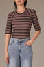 Oyster Mushroom Black Elbow Puff Sleeve V-Neck Seaming Shirttail Hem Knit Top 
