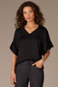 Black Elbow Roll Cuff Dolman Sleeve V-Neck Woven Top
