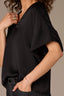 Black Elbow Roll Cuff Dolman Sleeve V-Neck Woven Top
