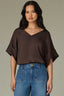 Espresso Elbow Dolman Roll Cuff Sleeve Button V-Neck Shirttail Hem Woven Top