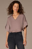 Oyster Mushroom Elbow Roll Cuff Dolman Sleeve V-Neck Woven Top