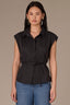 Black Extended Shoulder Cap Sleeve Seaming Detail Collar Neck Hidden Button Down Placket Elastic Self-Tie Waist Woven Shirt 