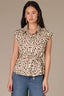 Black Cream Leopard Extended Shoulder Cap Sleeve Seaming Detail Collar Neck Hidden Button Down Placket Elastic Self-Tie Waist Dotted Animal Print Woven Shirt 