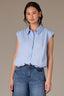 High Sky Blue Extended Shoulder Cap Sleeve Button Front Hidden Placket Collar Bubble Hem Woven Top