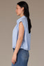 High Sky Blue Extended Shoulder Cap Sleeve Button Front Hidden Placket Collar Bubble Hem Woven Top