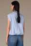 High Sky Blue Extended Shoulder Cap Sleeve Button Front Hidden Placket Collar Bubble Hem Woven Top