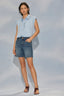 High Sky Blue Extended Shoulder Cap Sleeve Button Front Hidden Placket Collar Bubble Hem Woven Top