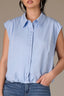 High Sky Blue Extended Shoulder Cap Sleeve Button Front Hidden Placket Collar Bubble Hem Woven Top