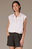 Off White Extended Shoulder Cap Sleeve Button Front Hidden Placket Collar Bubble Hem Woven Top